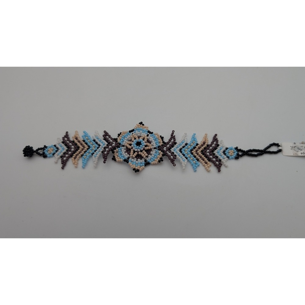 Handmade Beaded Cuff Bracelet Blue Cream Floral Geometric Boho Seed Bead 8in